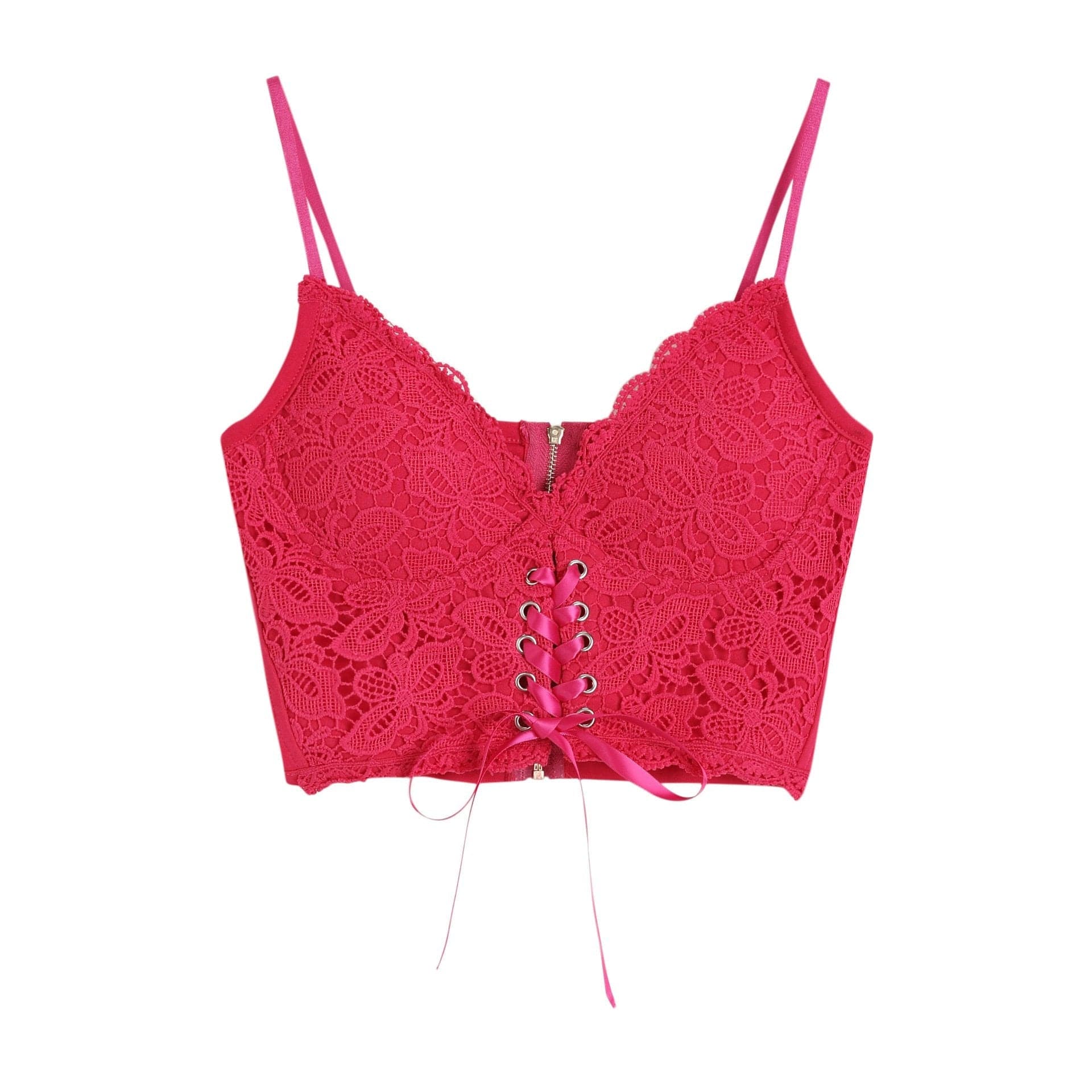 V-Neck Heart Neck Solid Lace-Up Zip-Up Cami Top with Lace Hem for Y2K Aesthetic Outfits V-Neck Heart Neck Solid Lace-Up Zip-Up Cami Top with Lace Hem for Y2K Aesthetic Outfits