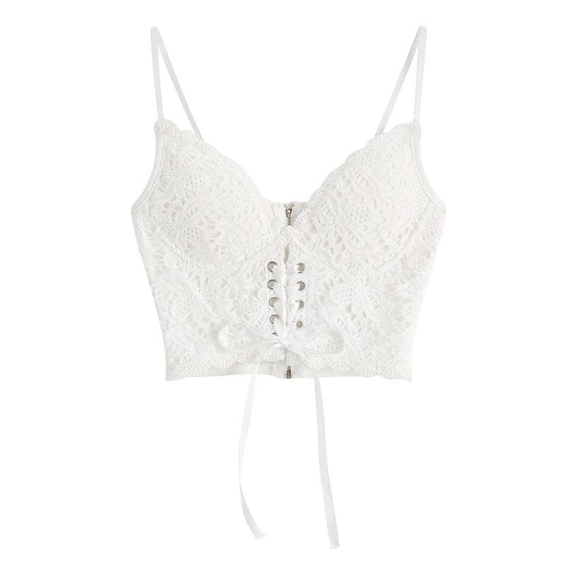 V-Neck Heart Neck Solid Lace-Up Zip-Up Cami Top with Lace Hem for Y2K Aesthetic Outfits V-Neck Heart Neck Solid Lace-Up Zip-Up Cami Top with Lace Hem for Y2K Aesthetic Outfits