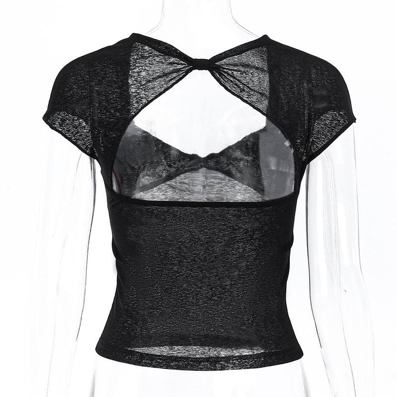 V-Neck Hollow Out Knotted Backless Crop Top - Y2K Aesthetic Short Sleeve Cut-Out Style V-Neck Hollow Out Knotted Backless Crop Top - Y2K Aesthetic Short Sleeve Cut-Out Style