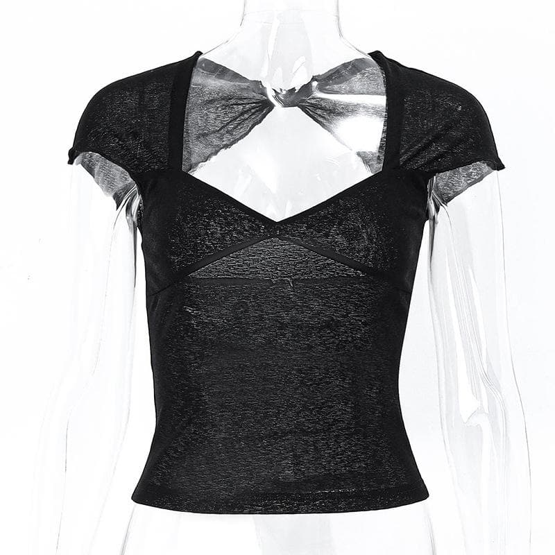 V-Neck Hollow Out Knotted Backless Crop Top - Y2K Aesthetic Short Sleeve Cut-Out Style V-Neck Hollow Out Knotted Backless Crop Top - Y2K Aesthetic Short Sleeve Cut-Out Style