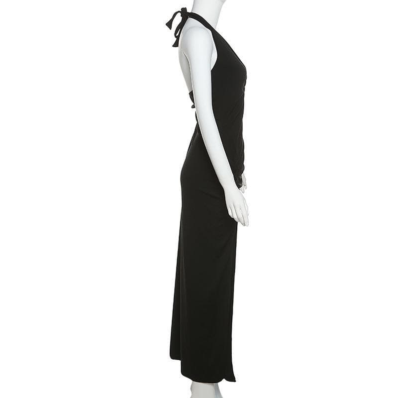 V-Neck Hollow Out Ring Slit Solid Maxi Dress - Y2K Aesthetic Fashion Statement Piece V-Neck Hollow Out Ring Slit Solid Maxi Dress - Y2K Aesthetic Fashion Statement Piece