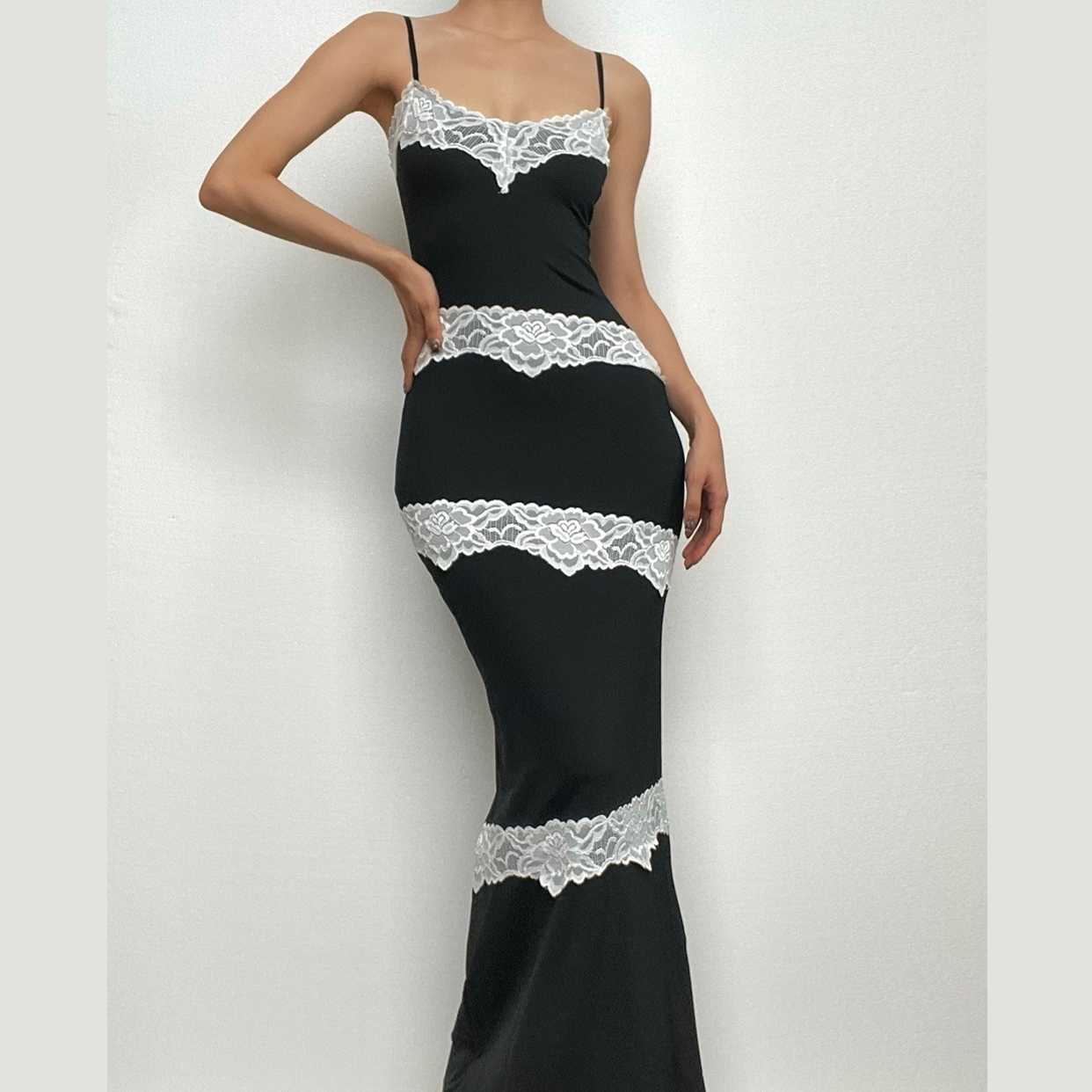 V-Neck Irregular Cami Maxi Dress with Lace Hem - Y2K Aesthetic Fashion Essential V-Neck Irregular Cami Maxi Dress with Lace Hem - Y2K Aesthetic Fashion Essential