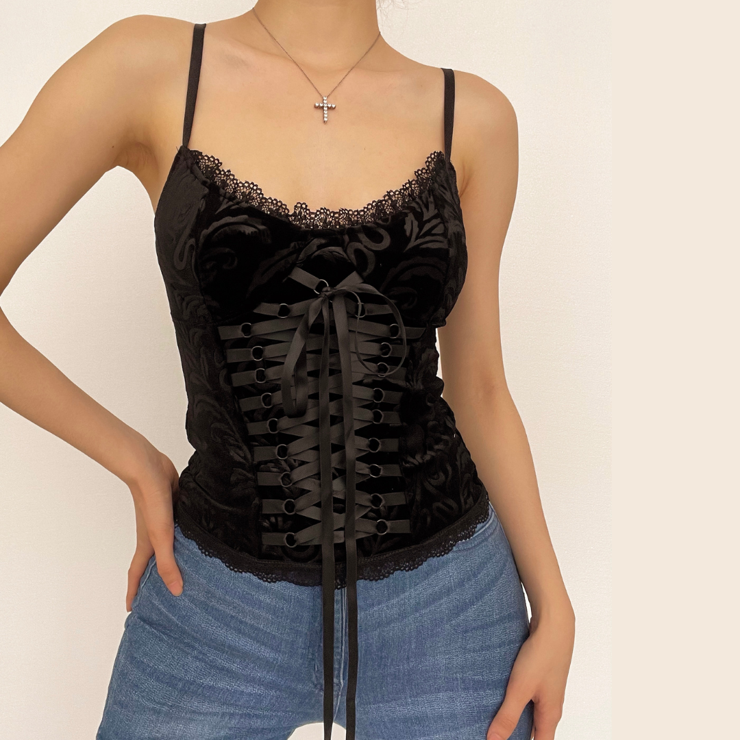 V-Neck Lace-Up Velvet Cami Top - Y2K Fashion Essential for Coquette and Grunge Aesthetics V-Neck Lace-Up Velvet Cami Top - Y2K Fashion Essential for Coquette and Grunge Aesthetics