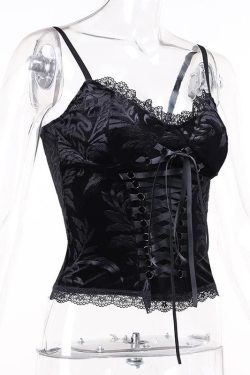 V-Neck Lace-Up Velvet Cami Top - Y2K Fashion Essential for Coquette and Grunge Aesthetics