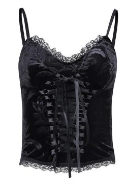 V-Neck Lace-Up Velvet Cami Top - Y2K Fashion Essential for Coquette and Grunge Aesthetics