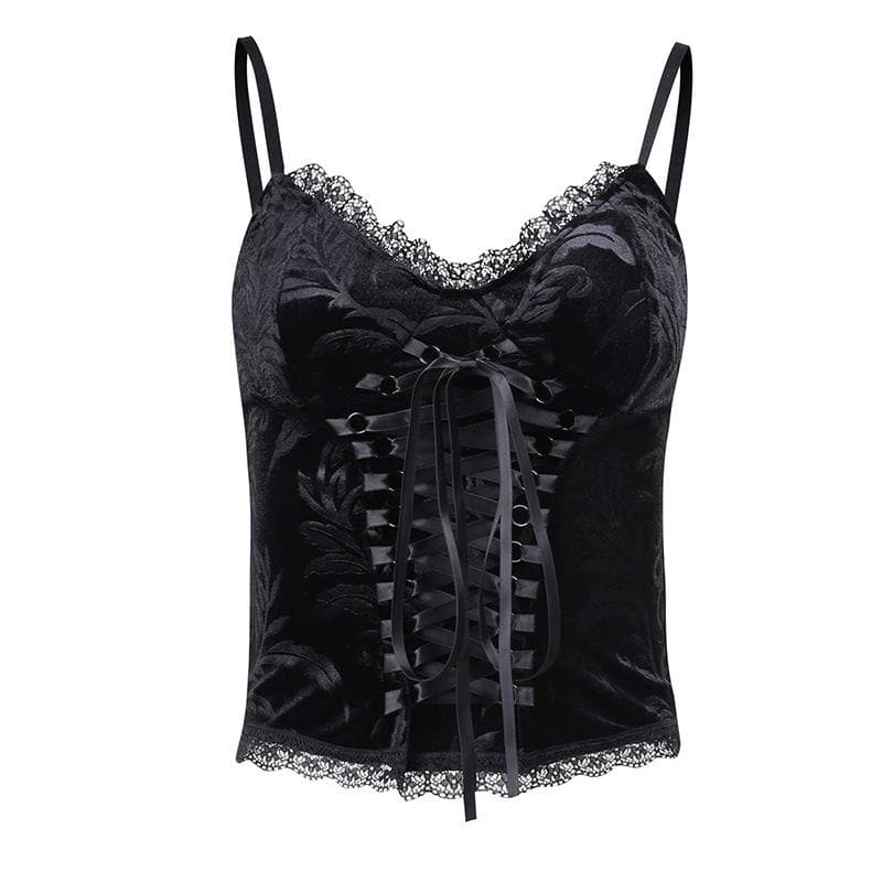 V-Neck Lace-Up Velvet Cami Top - Y2K Fashion Essential for Coquette and Grunge Aesthetics V-Neck Lace-Up Velvet Cami Top - Y2K Fashion Essential for Coquette and Grunge Aesthetics