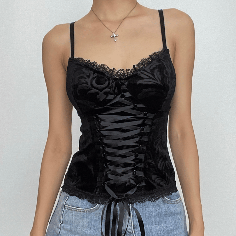 V-Neck Lace-Up Velvet Cami Top - Y2K Fashion Essential for Coquette and Grunge Aesthetics V-Neck Lace-Up Velvet Cami Top - Y2K Fashion Essential for Coquette and Grunge Aesthetics