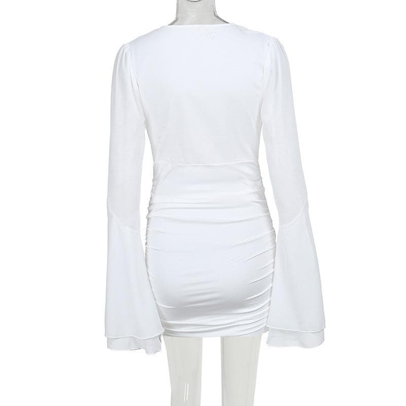 V-Neck Long Flared Sleeve Ruched Mini Dress - Y2K Aesthetic Solid Style for Trendy Looks V-Neck Long Flared Sleeve Ruched Mini Dress - Y2K Aesthetic Solid Style for Trendy Looks