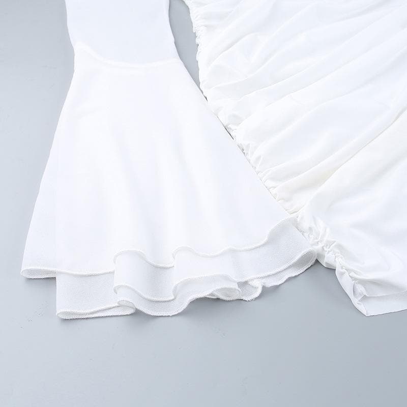 V-Neck Long Flared Sleeve Ruched Mini Dress - Y2K Aesthetic Solid Style for Trendy Looks V-Neck Long Flared Sleeve Ruched Mini Dress - Y2K Aesthetic Solid Style for Trendy Looks