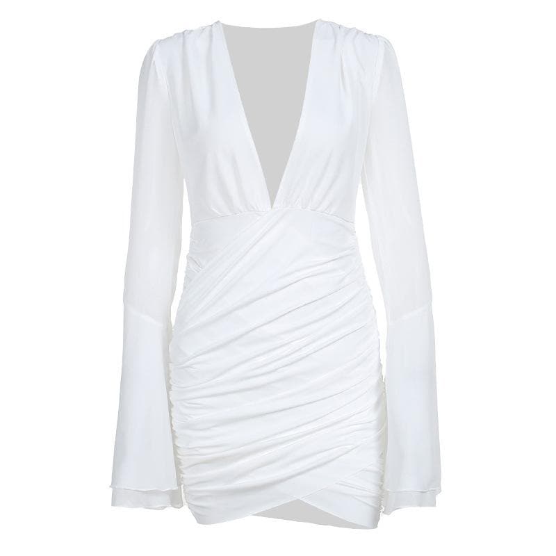 V-Neck Long Flared Sleeve Ruched Mini Dress - Y2K Aesthetic Solid Style for Trendy Looks V-Neck Long Flared Sleeve Ruched Mini Dress - Y2K Aesthetic Solid Style for Trendy Looks
