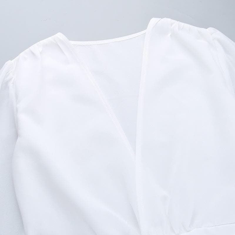 V-Neck Long Flared Sleeve Ruched Mini Dress - Y2K Aesthetic Solid Style for Trendy Looks V-Neck Long Flared Sleeve Ruched Mini Dress - Y2K Aesthetic Solid Style for Trendy Looks