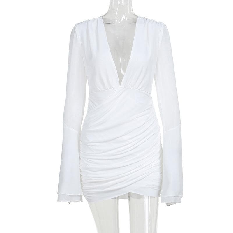 V-Neck Long Flared Sleeve Ruched Mini Dress - Y2K Aesthetic Solid Style for Trendy Looks V-Neck Long Flared Sleeve Ruched Mini Dress - Y2K Aesthetic Solid Style for Trendy Looks