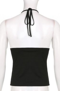 V-Neck Low Cut Backless Halter Top with Metal Buckle - Y2K Aesthetic Cute Top