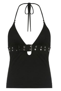 V-Neck Low Cut Backless Halter Top with Metal Buckle - Y2K Aesthetic Cute Top