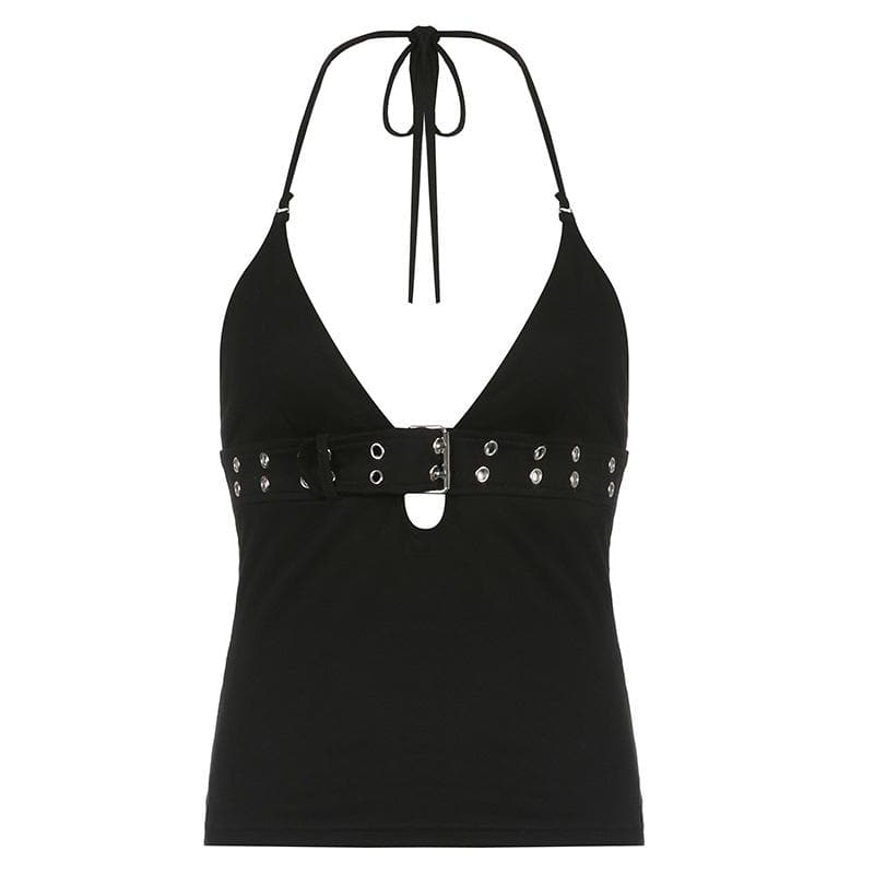 V-Neck Low Cut Backless Halter Top with Metal Buckle - Y2K Aesthetic Cute Top V-Neck Low Cut Backless Halter Top with Metal Buckle - Y2K Aesthetic Cute Top