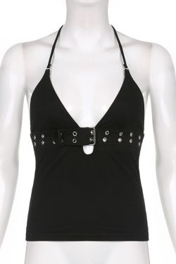 V-Neck Low Cut Backless Halter Top with Metal Buckle - Y2K Aesthetic Cute Top