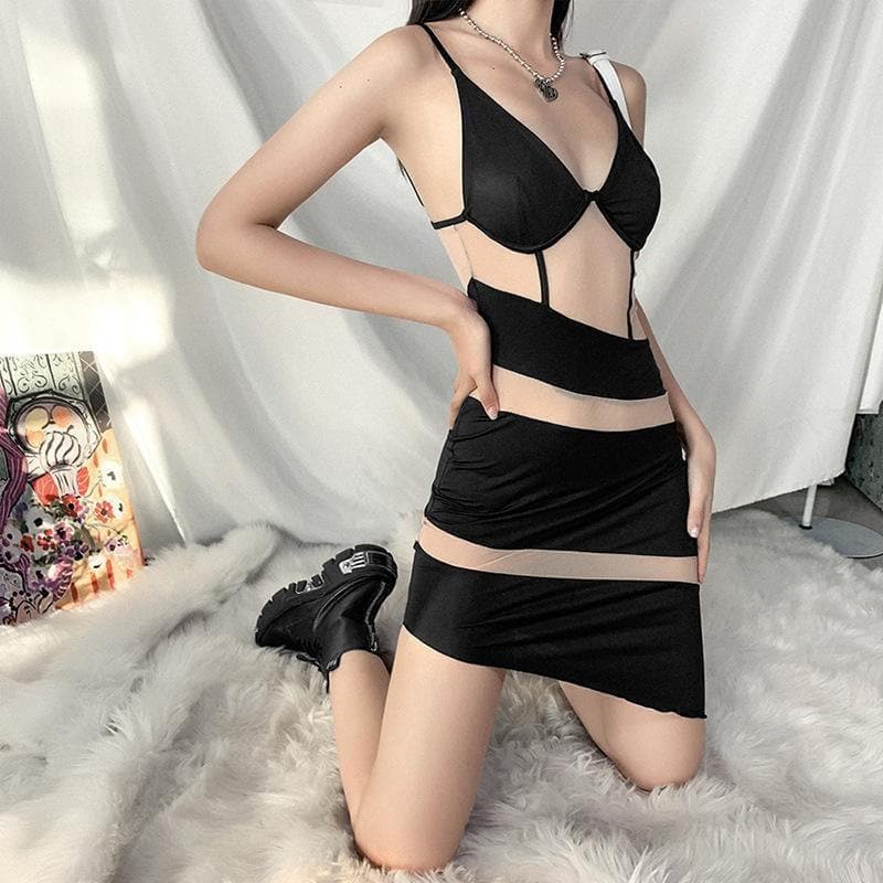 V-Neck Mesh Patchwork Cami Dress - Irregular Hem for Y2K Aesthetic and Coquette Style V-Neck Mesh Patchwork Cami Dress - Irregular Hem for Y2K Aesthetic and Coquette Style