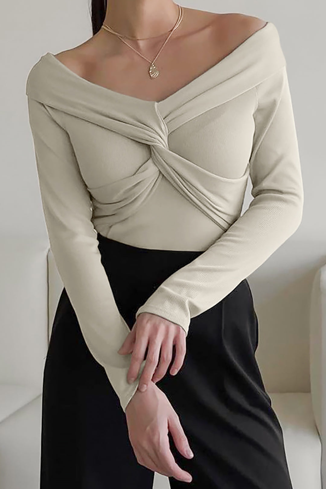 V-Neck Off Shoulder Twist Front Long Sleeve Top - Y2K Aesthetic Cute Top for Stylish Outfits