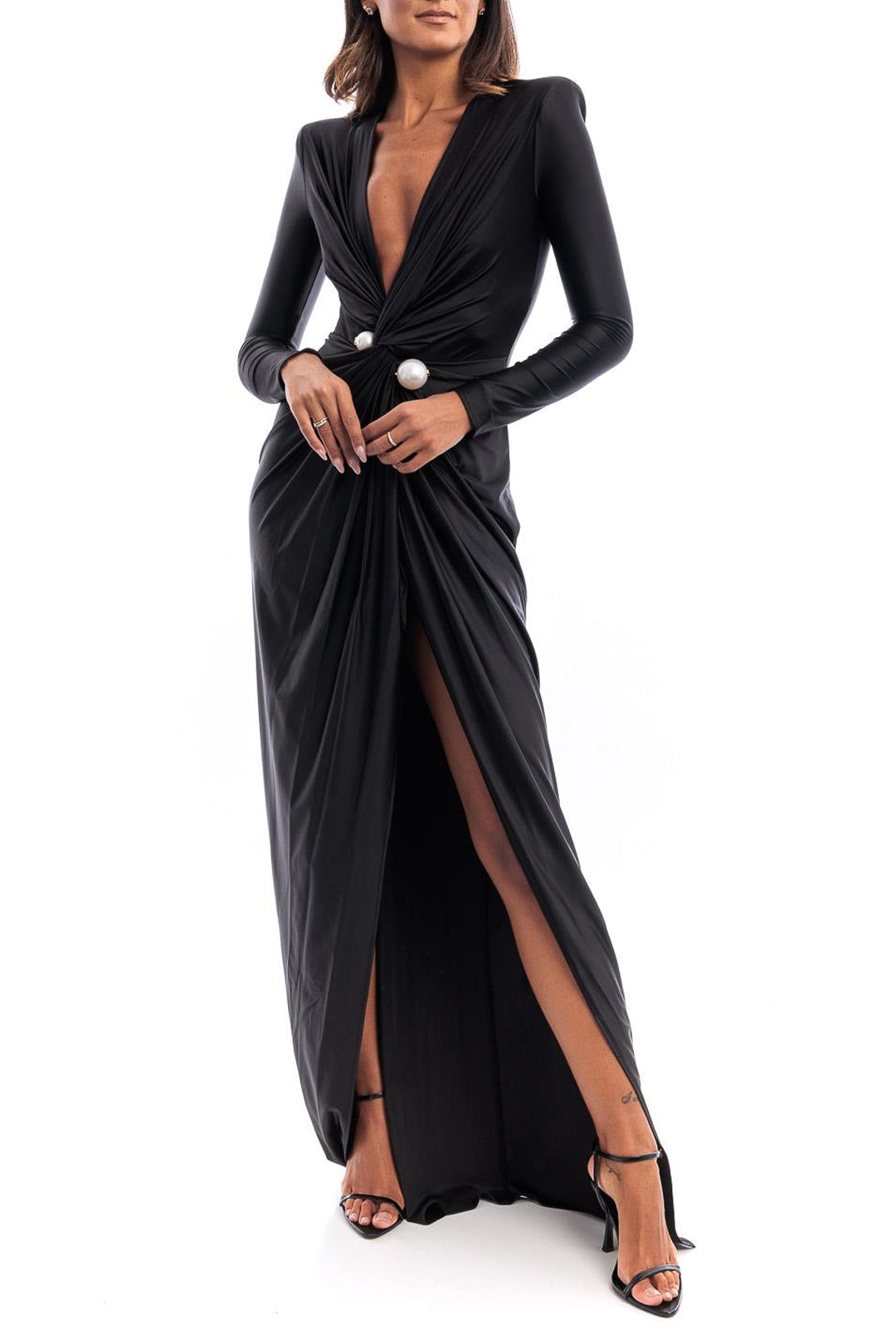 V-neck Pearl Cross Twist Front Ruched Maxi Dress - Elegant Y2K Aesthetic Long Sleeve Style V-neck Pearl Cross Twist Front Ruched Maxi Dress - Elegant Y2K Aesthetic Long Sleeve Style