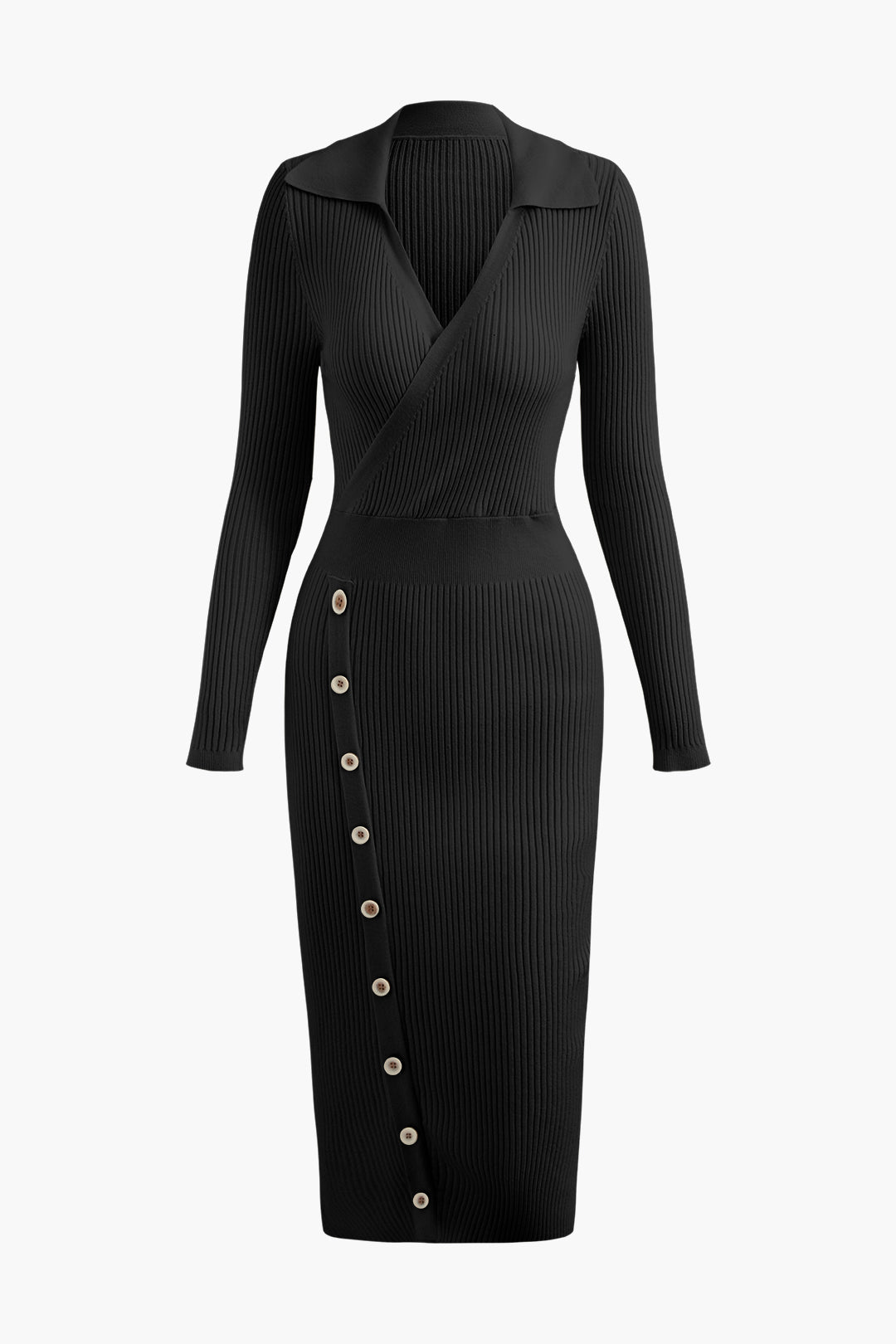 V-Neck Rib Knit Collar Button Long Sleeve Midi Dress in Y2K Aesthetic Style V-Neck Rib Knit Collar Button Long Sleeve Midi Dress in Y2K Aesthetic Style