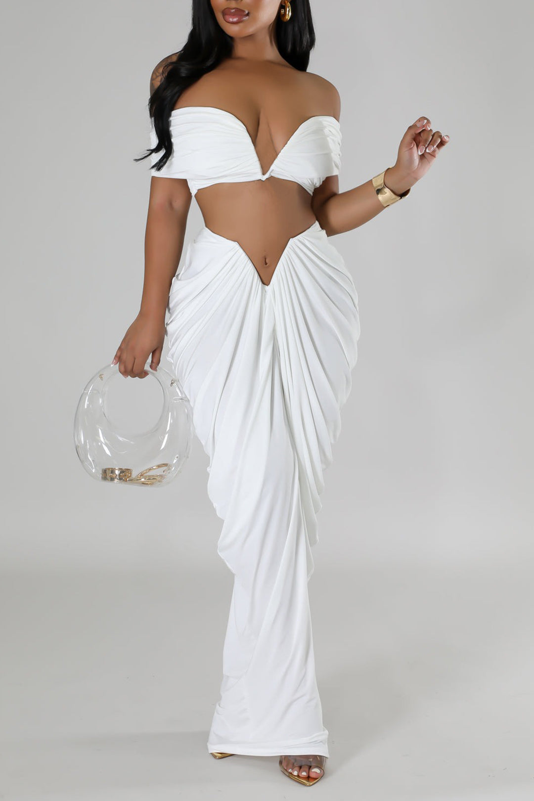 V-Neck Ruched Top & V-Shape Cut Waist Maxi Skirt Set for Y2K Fashion Aesthetic Outfits V-Neck Ruched Top & V-Shape Cut Waist Maxi Skirt Set for Y2K Fashion Aesthetic Outfits