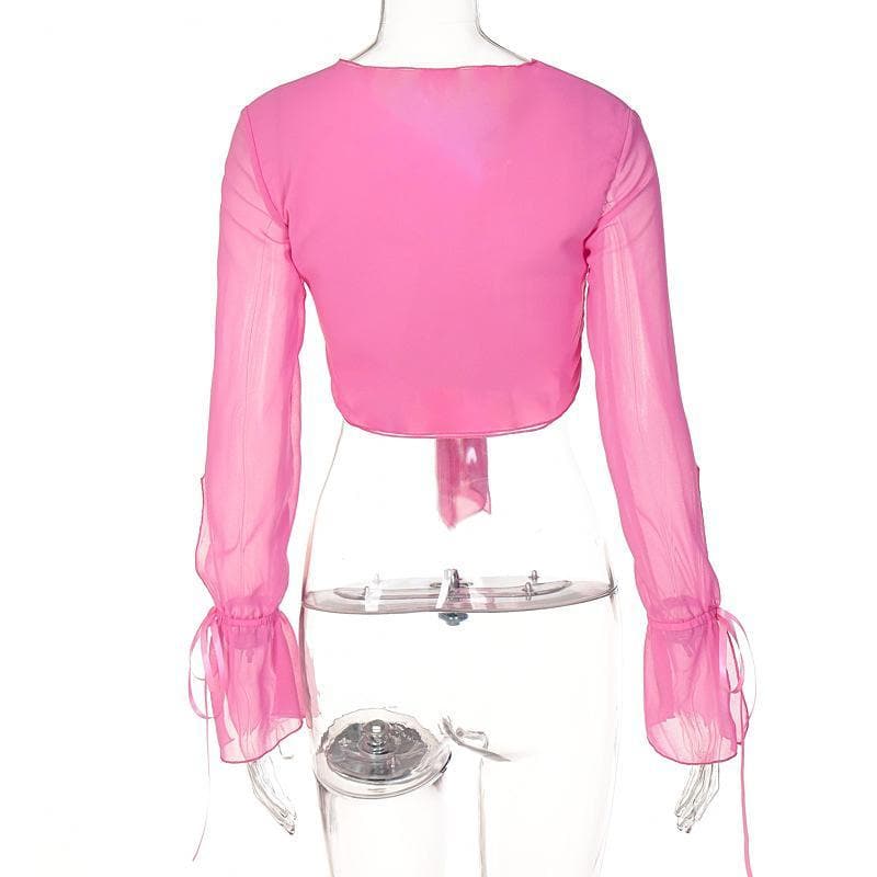 V-Neck Self-Tie Front Chiffon Long Sleeve Crop Top - Y2K Aesthetic Cute Top for Stylish Outfits V-Neck Self-Tie Front Chiffon Long Sleeve Crop Top - Y2K Aesthetic Cute Top for Stylish Outfits