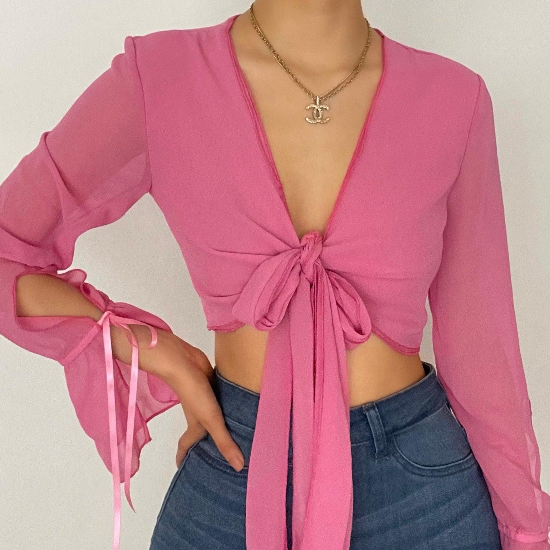 V-Neck Self-Tie Front Chiffon Long Sleeve Crop Top - Y2K Aesthetic Cute Top for Stylish Outfits V-Neck Self-Tie Front Chiffon Long Sleeve Crop Top - Y2K Aesthetic Cute Top for Stylish Outfits