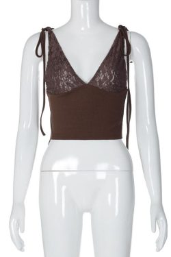 V-Neck Sheer Lace Ribbed Patchwork Ruched Backless Top for Y2K and Coquette Aesthetic