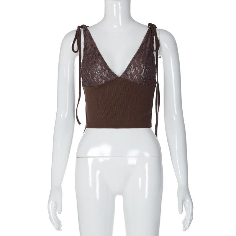 V-Neck Sheer Lace Ribbed Patchwork Ruched Backless Top for Y2K and Coquette Aesthetic V-Neck Sheer Lace Ribbed Patchwork Ruched Backless Top for Y2K and Coquette Aesthetic