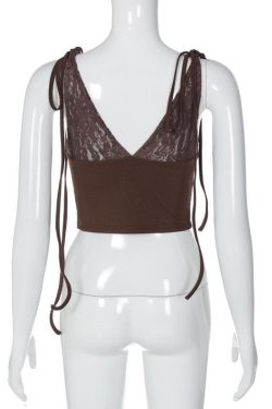 V-Neck Sheer Lace Ribbed Patchwork Ruched Backless Top for Y2K and Coquette Aesthetic