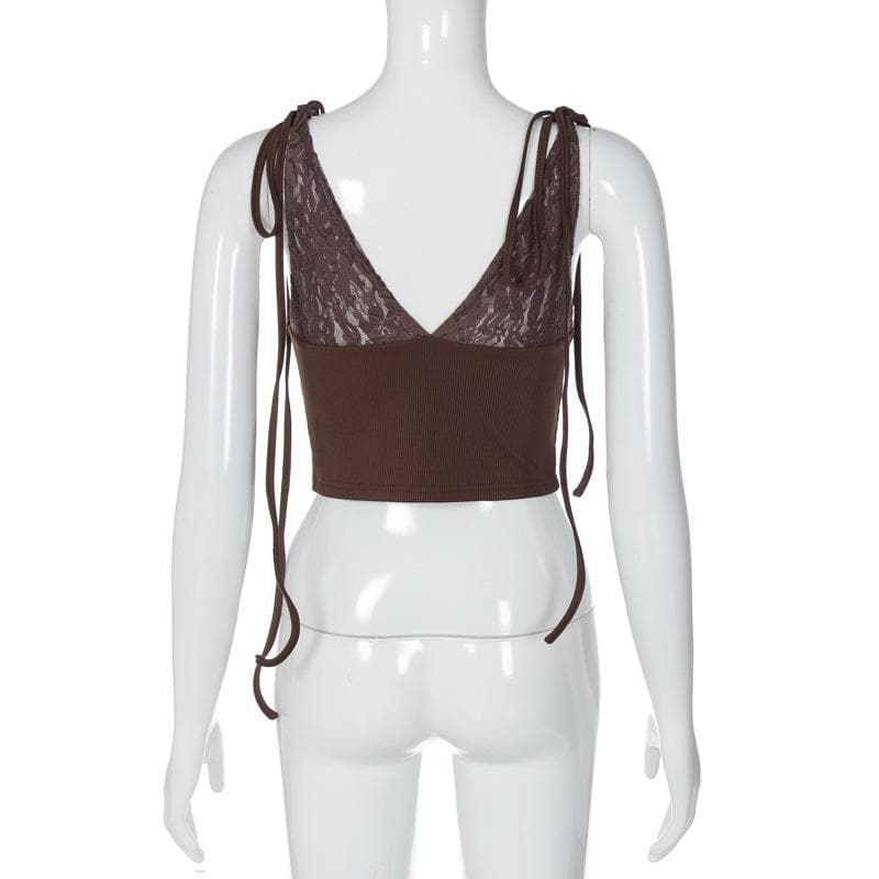 V-Neck Sheer Lace Ribbed Patchwork Ruched Backless Top for Y2K and Coquette Aesthetic V-Neck Sheer Lace Ribbed Patchwork Ruched Backless Top for Y2K and Coquette Aesthetic