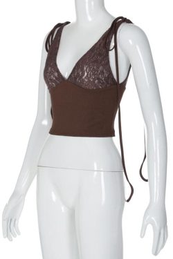 V-Neck Sheer Lace Ribbed Patchwork Ruched Backless Top for Y2K and Coquette Aesthetic