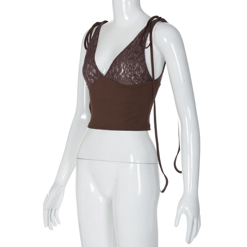 V-Neck Sheer Lace Ribbed Patchwork Ruched Backless Top for Y2K and Coquette Aesthetic V-Neck Sheer Lace Ribbed Patchwork Ruched Backless Top for Y2K and Coquette Aesthetic