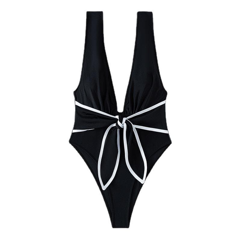 V-Neck Sleeveless Knotted Contrast One-Piece Swimsuit for Y2K Aesthetic Summer Vibes V-Neck Sleeveless Knotted Contrast One-Piece Swimsuit for Y2K Aesthetic Summer Vibes