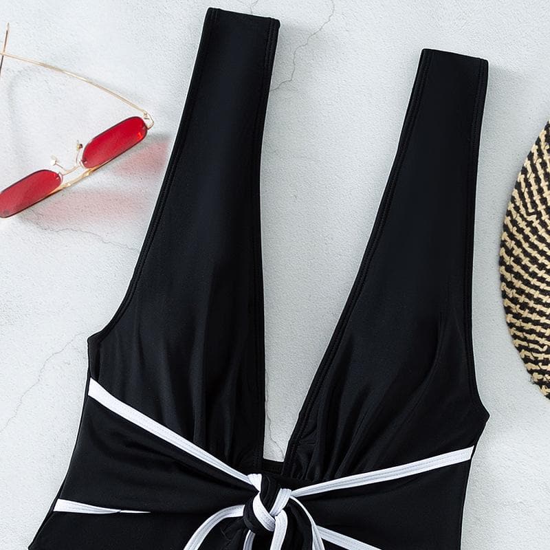 V-Neck Sleeveless Knotted Contrast One-Piece Swimsuit for Y2K Aesthetic Summer Vibes V-Neck Sleeveless Knotted Contrast One-Piece Swimsuit for Y2K Aesthetic Summer Vibes