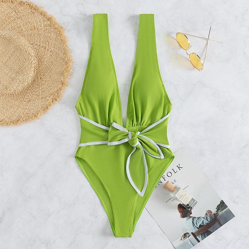 V-Neck Sleeveless Knotted Contrast One-Piece Swimsuit for Y2K Aesthetic Summer Vibes V-Neck Sleeveless Knotted Contrast One-Piece Swimsuit for Y2K Aesthetic Summer Vibes