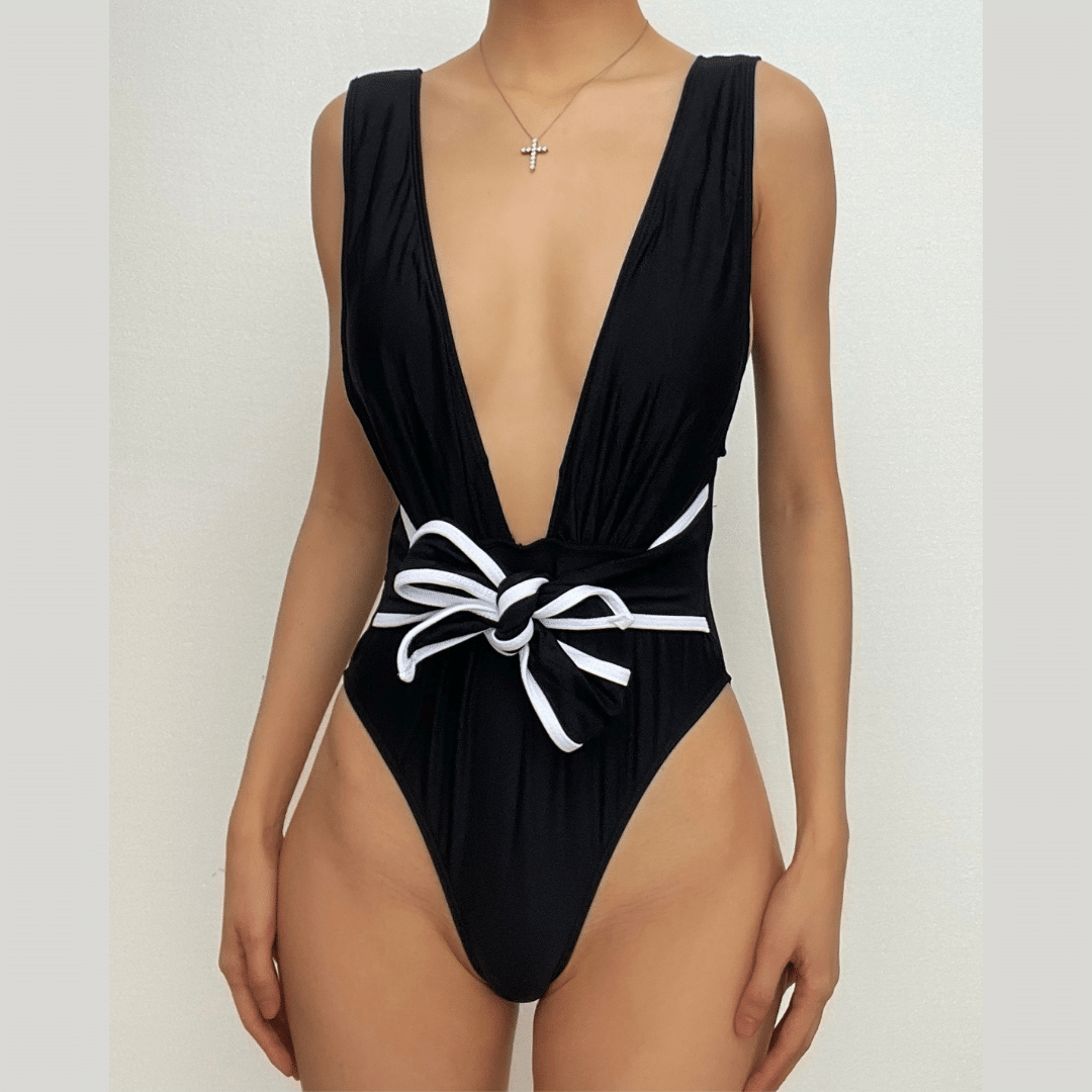 V-Neck Sleeveless Knotted Contrast One-Piece Swimsuit for Y2K Aesthetic Summer Vibes V-Neck Sleeveless Knotted Contrast One-Piece Swimsuit for Y2K Aesthetic Summer Vibes