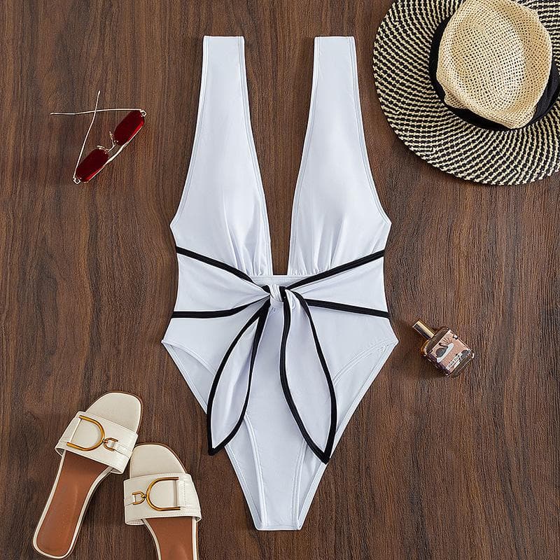 V-Neck Sleeveless Knotted Contrast One-Piece Swimsuit for Y2K Aesthetic Summer Vibes V-Neck Sleeveless Knotted Contrast One-Piece Swimsuit for Y2K Aesthetic Summer Vibes
