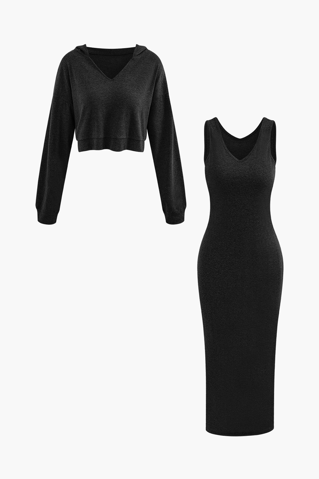 V-Neck Sleeveless Maxi Dress with Comfy Hooded Crop Sweatshirt Set for Y2K Aesthetic V-Neck Sleeveless Maxi Dress with Comfy Hooded Crop Sweatshirt Set for Y2K Aesthetic