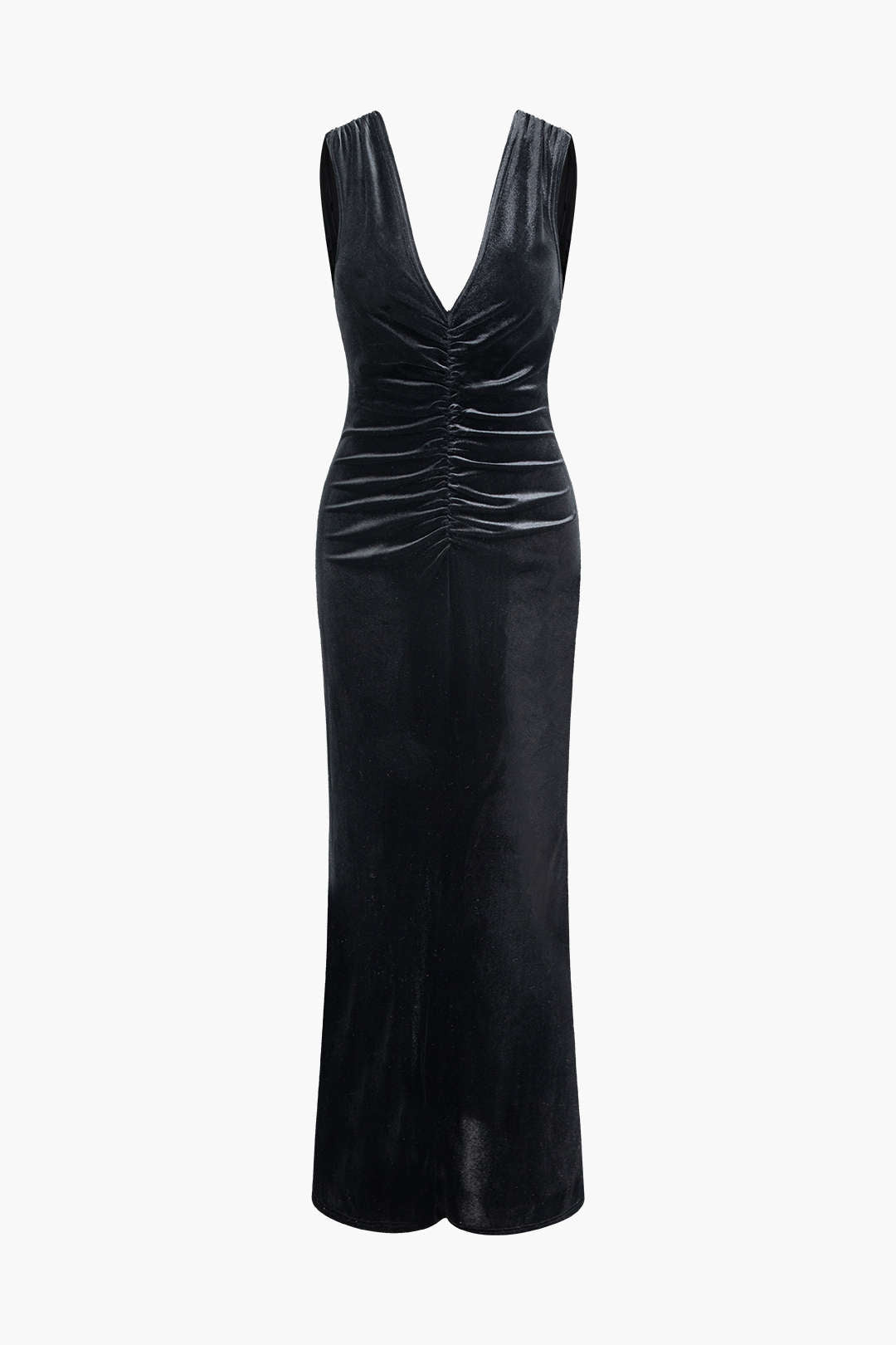 V-Neck Sleeveless Velvet Ruched Slit Maxi Dress - Y2K Aesthetic Evening Gown for Chic Style V-Neck Sleeveless Velvet Ruched Slit Maxi Dress - Y2K Aesthetic Evening Gown for Chic Style