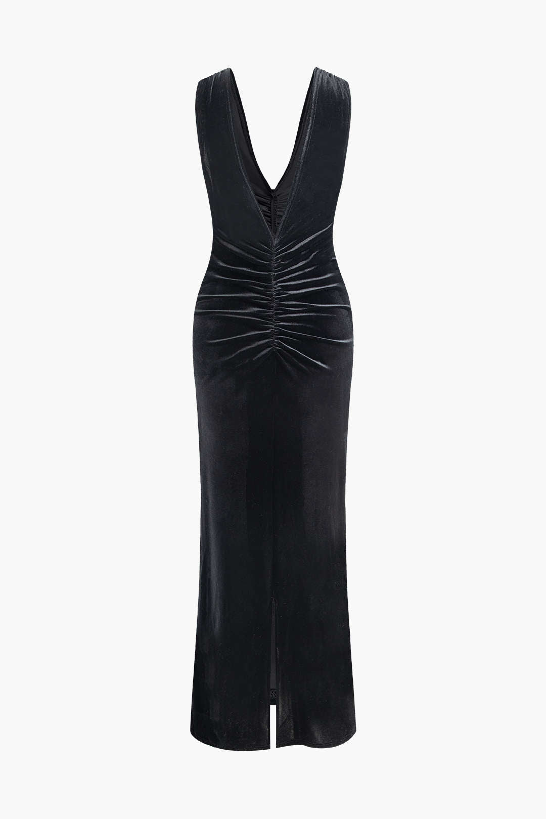 V-Neck Sleeveless Velvet Ruched Slit Maxi Dress - Y2K Aesthetic Evening Gown for Chic Style V-Neck Sleeveless Velvet Ruched Slit Maxi Dress - Y2K Aesthetic Evening Gown for Chic Style