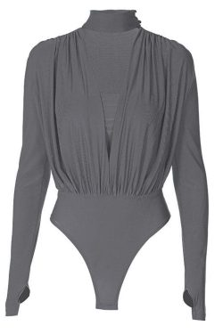 V-Neck Solid Ruched Long Sleeve Bodysuit with High Neck - Y2K Fashion Essential