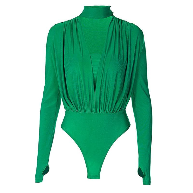 V-Neck Solid Ruched Long Sleeve Bodysuit with High Neck - Y2K Fashion Essential V-Neck Solid Ruched Long Sleeve Bodysuit with High Neck - Y2K Fashion Essential