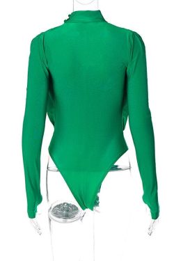 V-Neck Solid Ruched Long Sleeve Bodysuit with High Neck - Y2K Fashion Essential