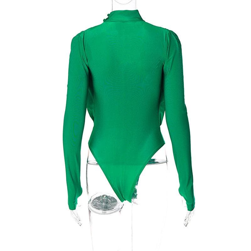 V-Neck Solid Ruched Long Sleeve Bodysuit with High Neck - Y2K Fashion Essential V-Neck Solid Ruched Long Sleeve Bodysuit with High Neck - Y2K Fashion Essential