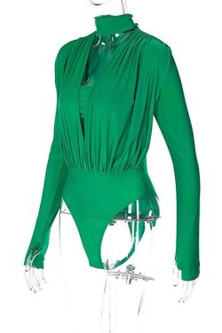 V-Neck Solid Ruched Long Sleeve Bodysuit with High Neck - Y2K Fashion Essential
