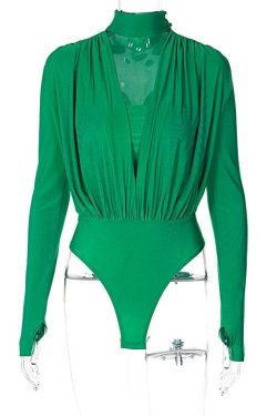 V-Neck Solid Ruched Long Sleeve Bodysuit with High Neck - Y2K Fashion Essential