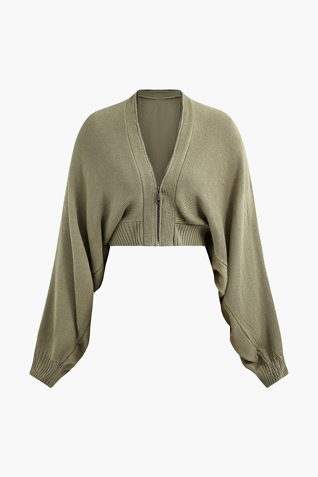 V-Neck Zip-Up Long Sleeve Knit Bomber Cardigan in Y2K Aesthetic Style