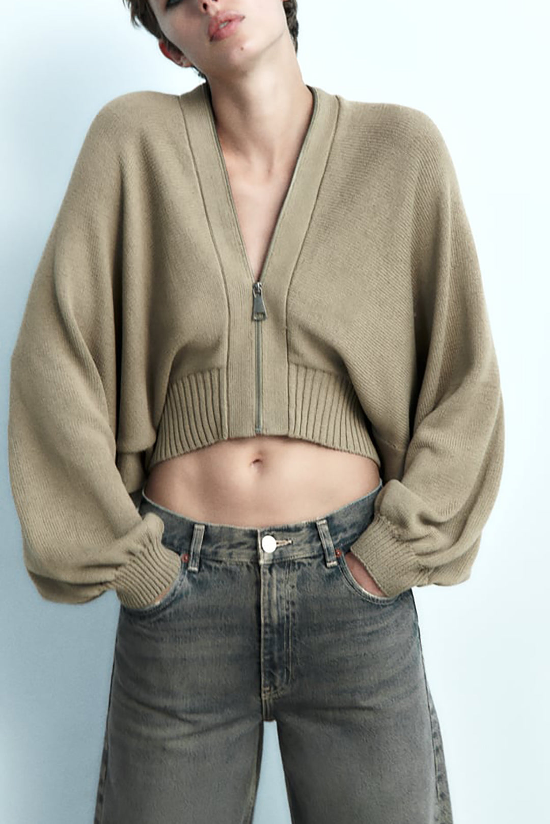 V-Neck Zip-Up Long Sleeve Knit Bomber Cardigan in Y2K Aesthetic Style