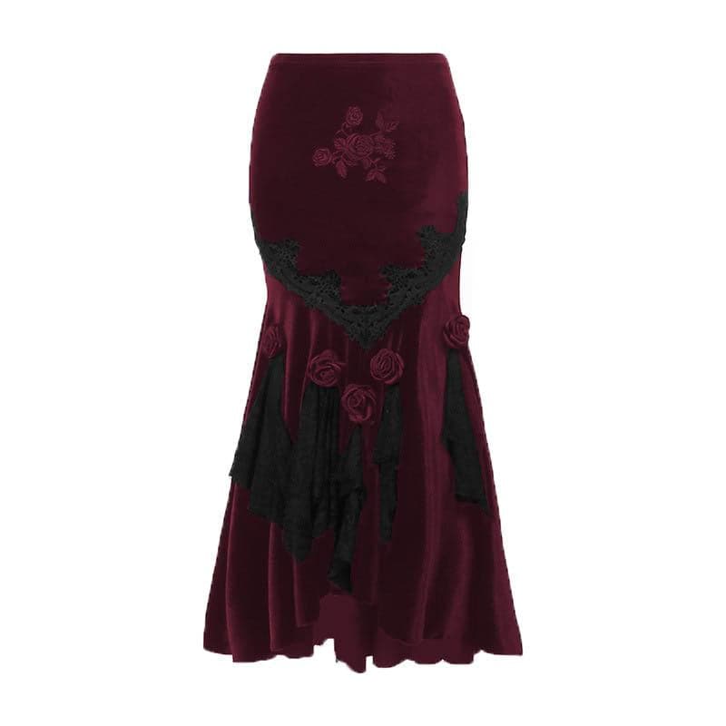 Velvet Embroidered Flower Applique Lace Hem Ruched Maxi Skirt for Y2K Aesthetic Outfits Velvet Embroidered Flower Applique Lace Hem Ruched Maxi Skirt for Y2K Aesthetic Outfits